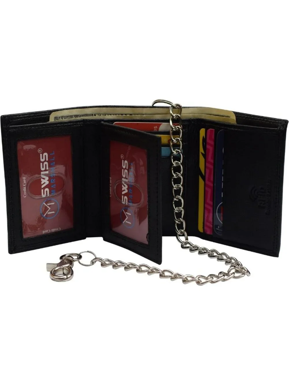Men's Premium Leather Trifold Wallet with RFID Blocking & Chain - Black